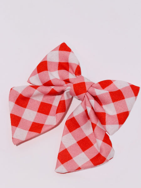 Kids Checked Sailor Bow Alligator Clip- Red & White