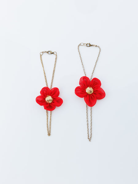 Mother & Daughter Duo Chain Bracelet with vibrant flower and Sequence Center - Red: