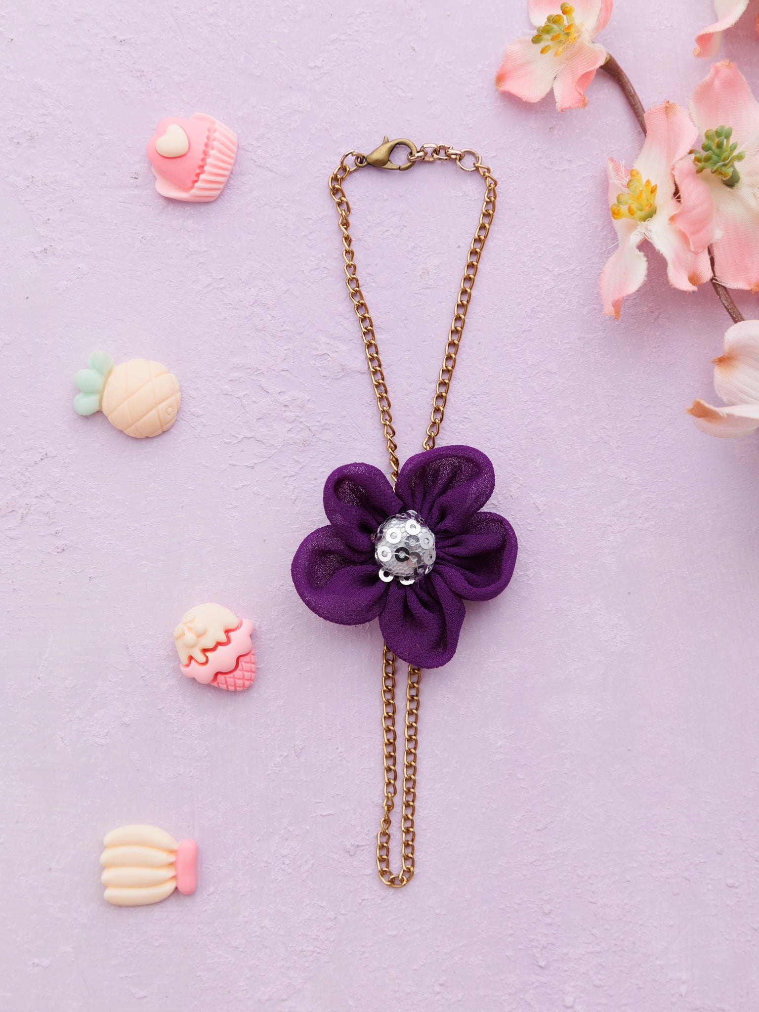 Chain Bracelet with vibrant flower and Sequence Center- Purple