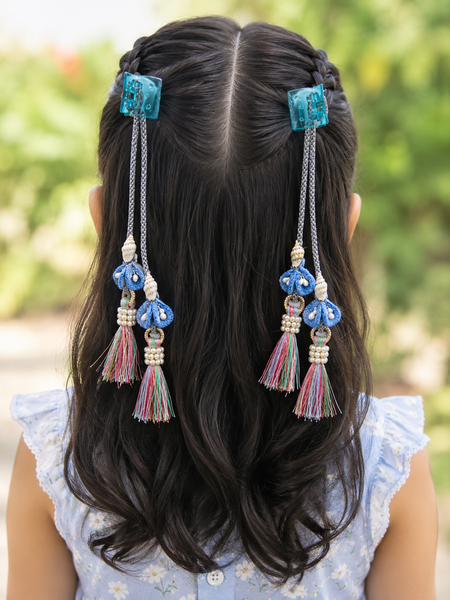 Girls Set Of 2 Ocean Rainbow Tessals Hair Clip- Blue