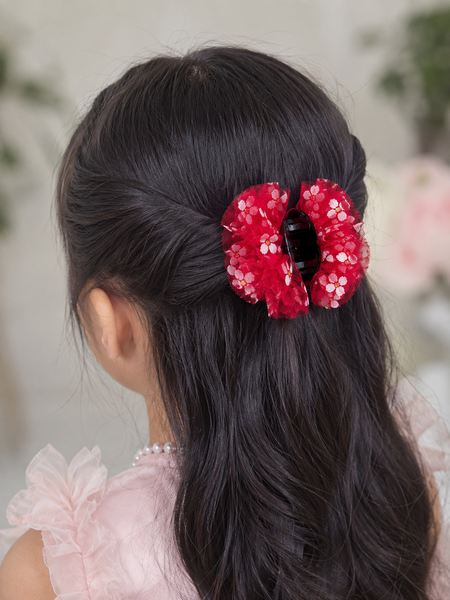 Girls Flower Claw Hair Clip- Silver Red