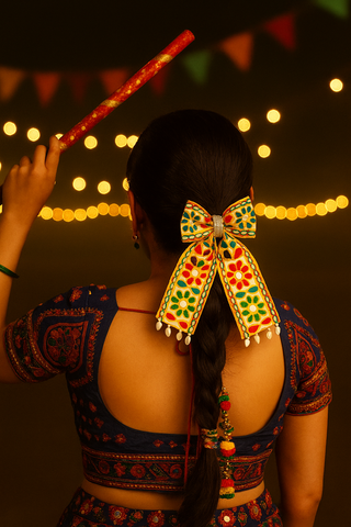 Navratra Huge Bow colorful, mirrored beads work Alligator Clip- Multicolor