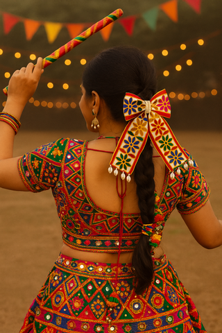 Navratra Huge Bow floral threadwork & cowries Alligator Clip- Multicolor