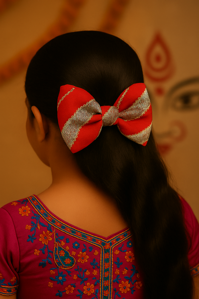 Durga Puja Sequin Bow Alligator Clip- Red
