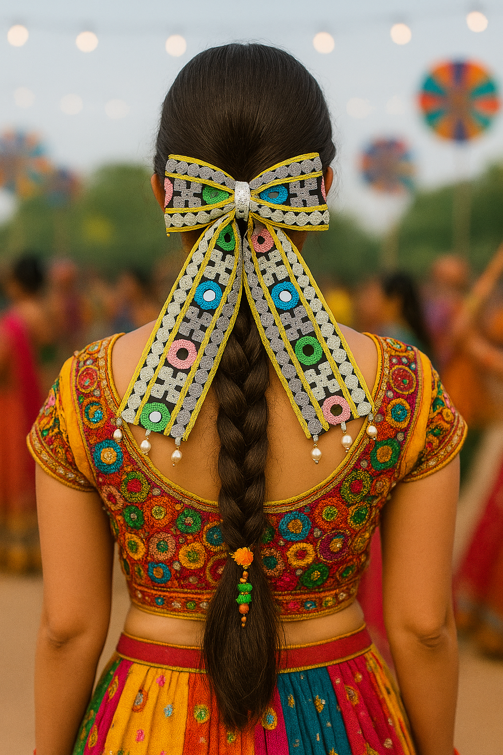 Navratra Huge Bow mirror work & pearls Alligator Clip- Multicolor