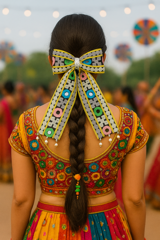 Navratra Huge Bow mirror work & pearls Alligator Clip- Multicolor