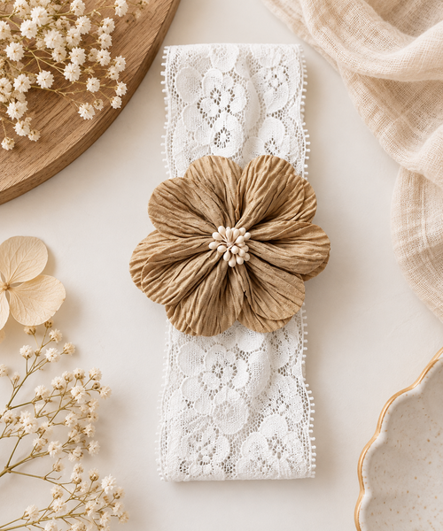 Girls Floral Lace Headband- Beige