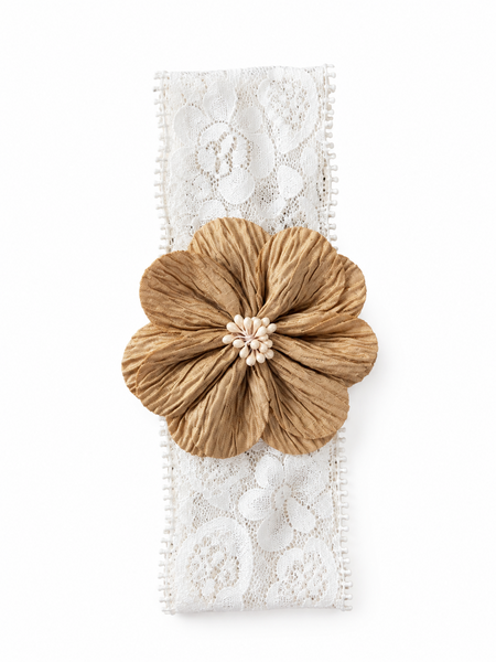 Girls Floral Lace Headband- Beige