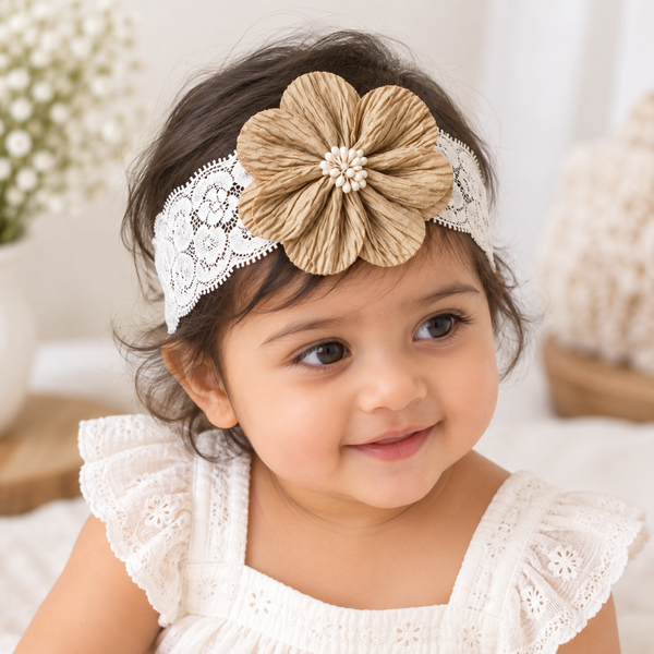 Girls Floral Lace Headband- Beige