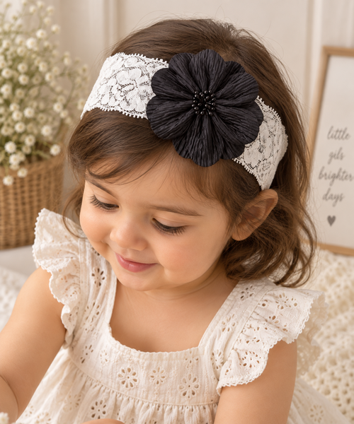 Girls Floral Lace Headband- Black