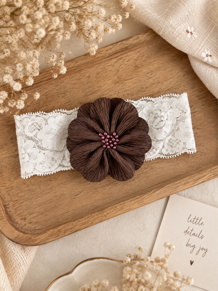 Girls Floral Lace Headband- Brown