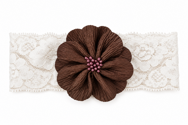 Girls Floral Lace Headband- Brown