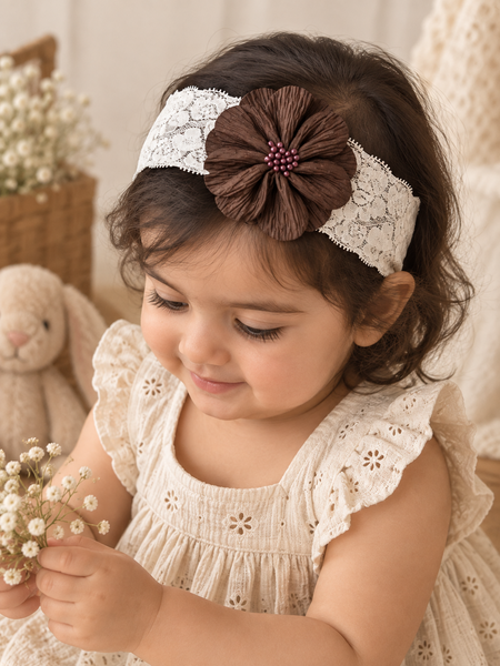 Girls Floral Lace Headband- Brown