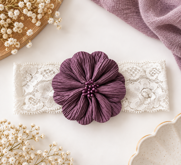 Girls Floral Lace Headband- Mauve