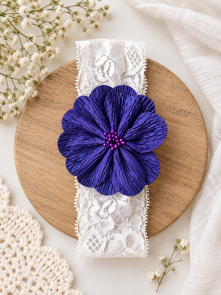 Girls Floral Lace Headband- Navy Blue