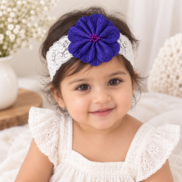 Girls Floral Lace Headband- Navy Blue