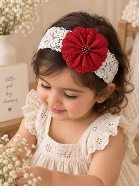 Girls Floral Lace Headband- Red