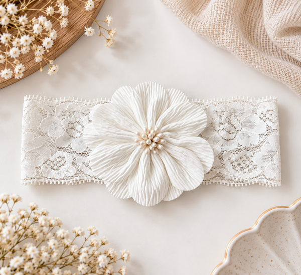 Girls Floral Lace Headband- White