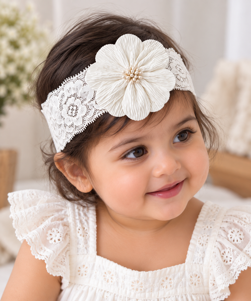 Girls Floral Lace Headband- White