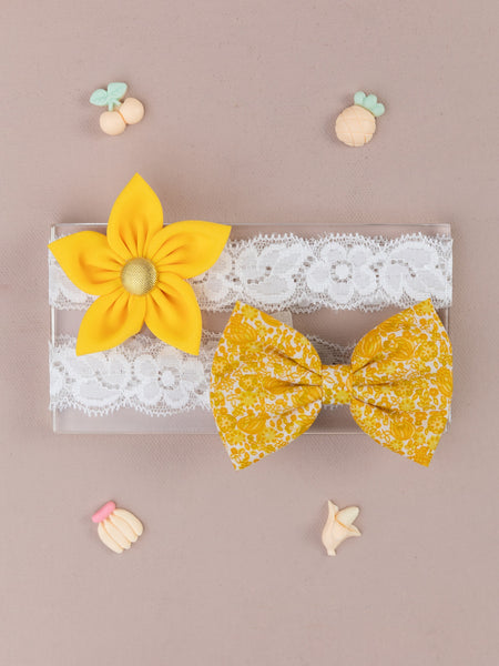 Floral Bow & Flower Headband Set- Yellow