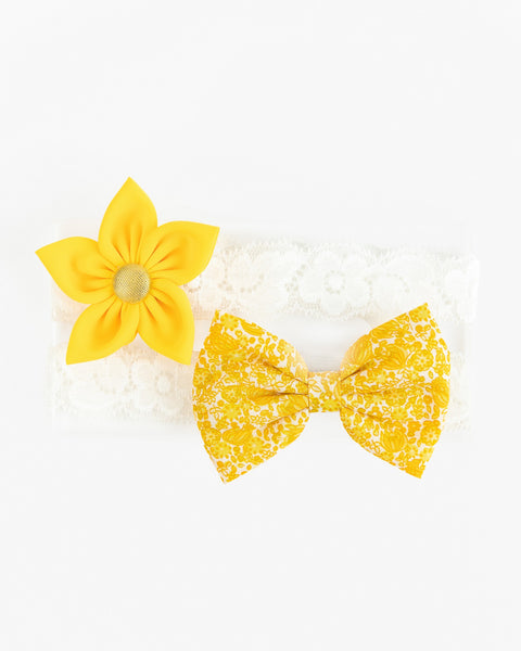 Floral Bow & Flower Headband Set- Yellow