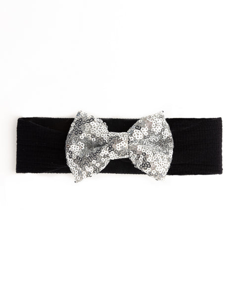 Big Sequined Bow Headband- Black & Silver