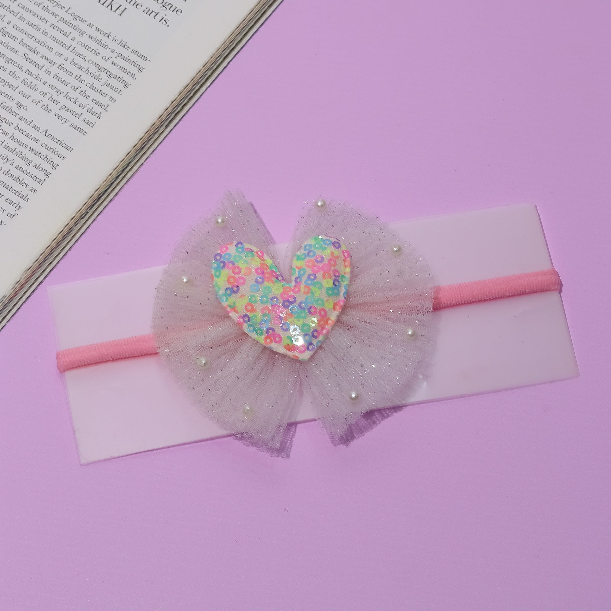 Sequined Heart Tulle Bow Headband- Multi Colored