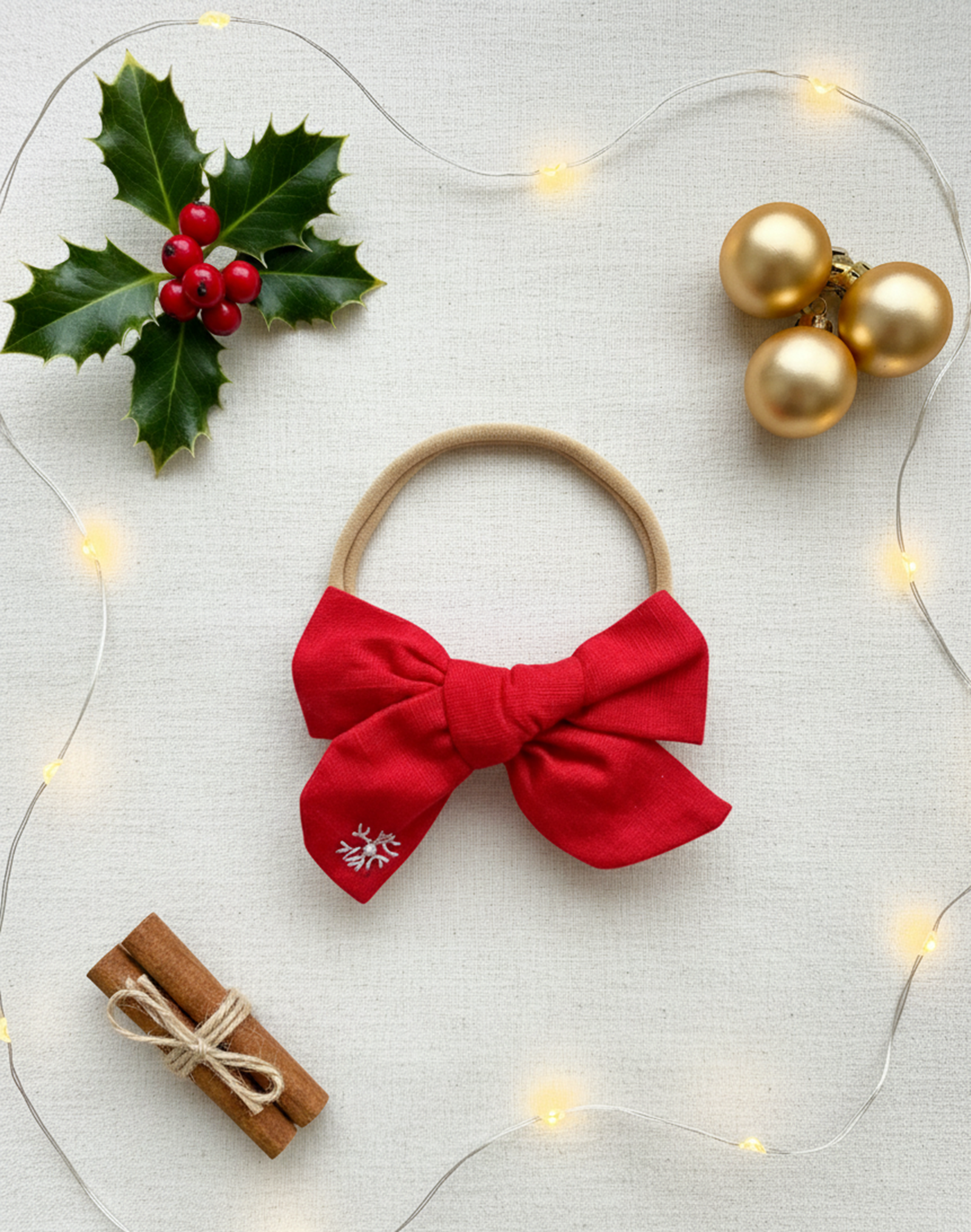 Christmas Snowflake Emroidered Bow Headband- Red