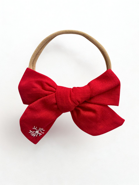 Christmas Snowflake Emroidered Bow Headband- Red