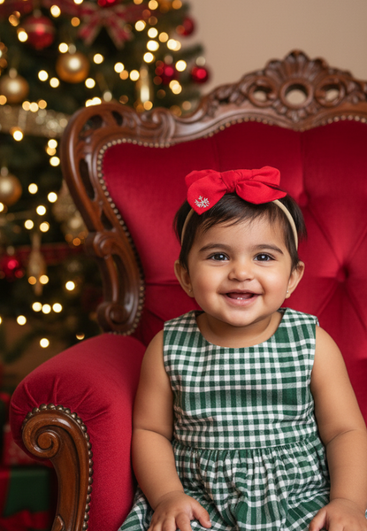 Christmas Snowflake Emroidered Bow Headband- Red