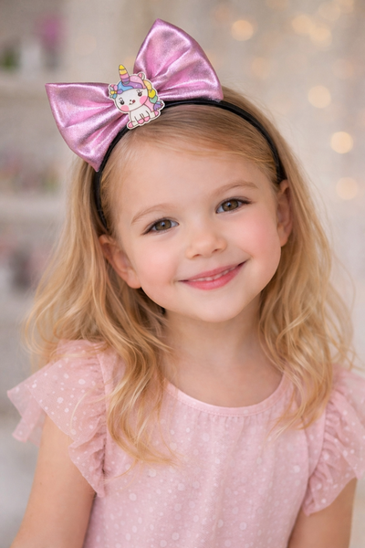 Girls Leather Unicorn Standing Bow Hairband – Pink
