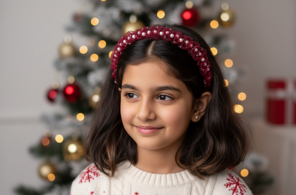 Pearl Ruffle Christmas Hairband- Maroon