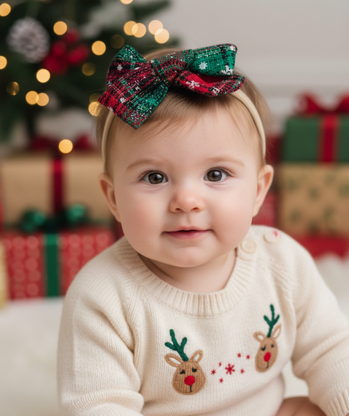 Winter Plaid Christmas Bow Headband- Multicolor