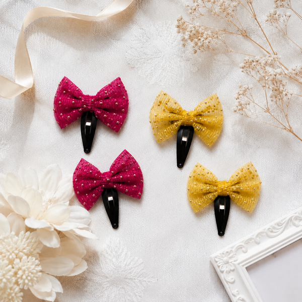 Set Of 4 Sparkle Bow Hair Clip- Yellow Pink