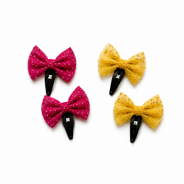 Set Of 4 Sparkle Bow Hair Clip- Yellow Pink