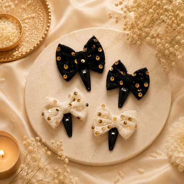 Set Of 4 Velvet Sequin Bow Hair Clip- Black White