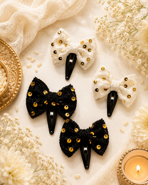 Set Of 4 Velvet Sequin Bow Hair Clip- Black White