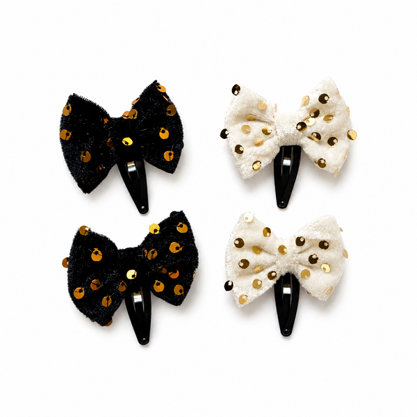 Set Of 4 Velvet Sequin Bow Hair Clip- Black White