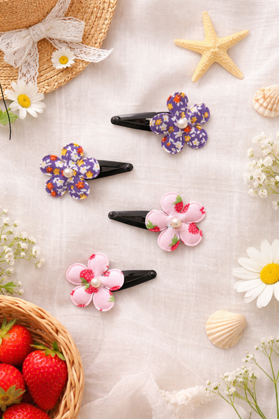Set Of 4 Flower and Strawberry Clip- Pink and Purple