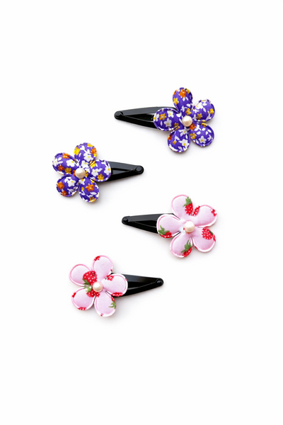 Set Of 4 Flower and Strawberry Clip- Pink and Purple
