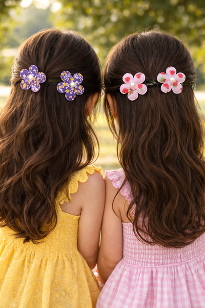 Set Of 4 Flower and Strawberry Clip- Pink and Purple