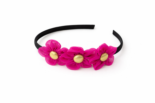Girls Three Flower Golden Center Hairband- Pink
