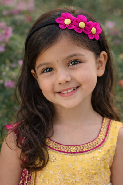 Girls Three Flower Golden Center Hairband- Pink