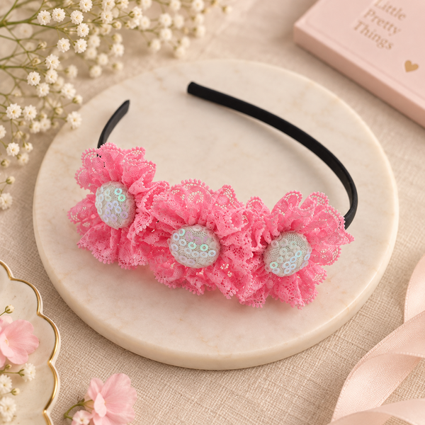 3 Lace Flower Hairband- Pink