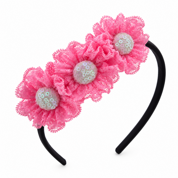 3 Lace Flower Hairband- Pink