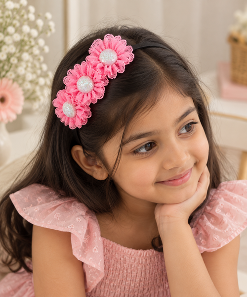 3 Lace Flower Hairband- Pink