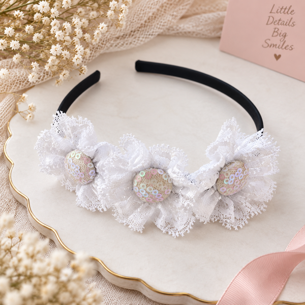 3 Lace Flower Hairband- White