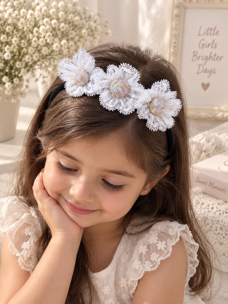 3 Lace Flower Hairband- White