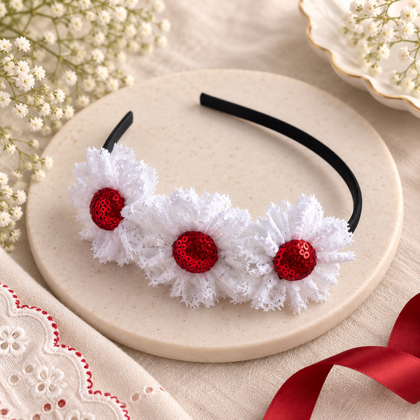 3 Lace Flower Hairband- White Red