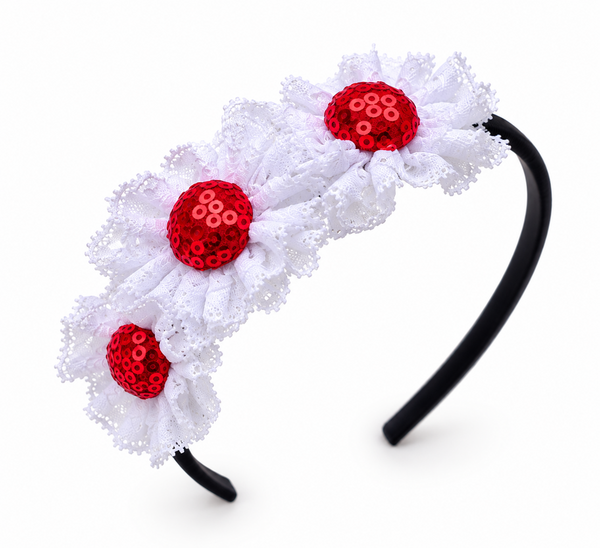 3 Lace Flower Hairband- White Red